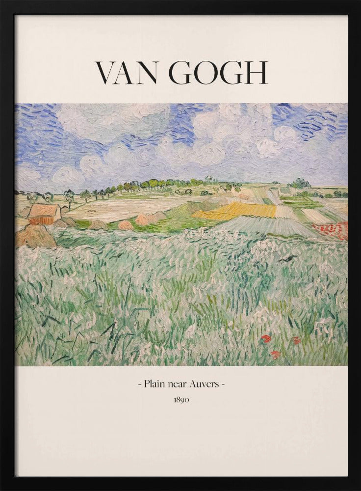A framed art poster of Vincent van Gogh's painting, 'Plain near Auvers' from 1890. The impressionist landscape shows a vast green field in the foreground, with patchwork fields in the distance under a blue and white cloudy sky. The artist's name is printed in black serif font at the top, with the title and year at the bottom, all on a cream-colored background. Wall Art