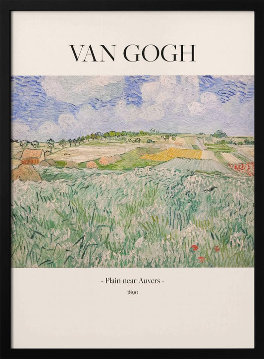 A framed art poster of Vincent van Gogh's painting, 'Plain near Auvers' from 1890. The impressionist landscape shows a vast green field in the foreground, with patchwork fields in the distance under a blue and white cloudy sky. The artist's name is printed in black serif font at the top, with the title and year at the bottom, all on a cream-colored background. Wall Art