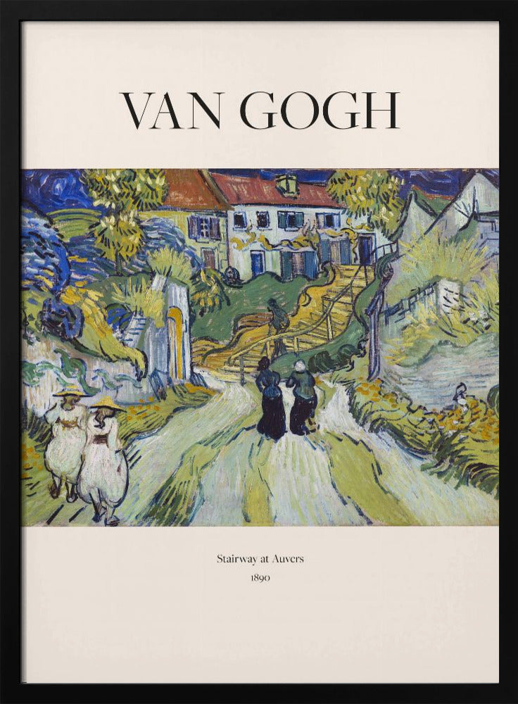 A framed art print of Vincent van Gogh's painting 'Stairway at Auvers', 1890. The post-impressionist artwork shows a vibrant landscape with figures walking on a path toward houses on a hill, rendered in expressive green, yellow, and blue brushstrokes. Decor