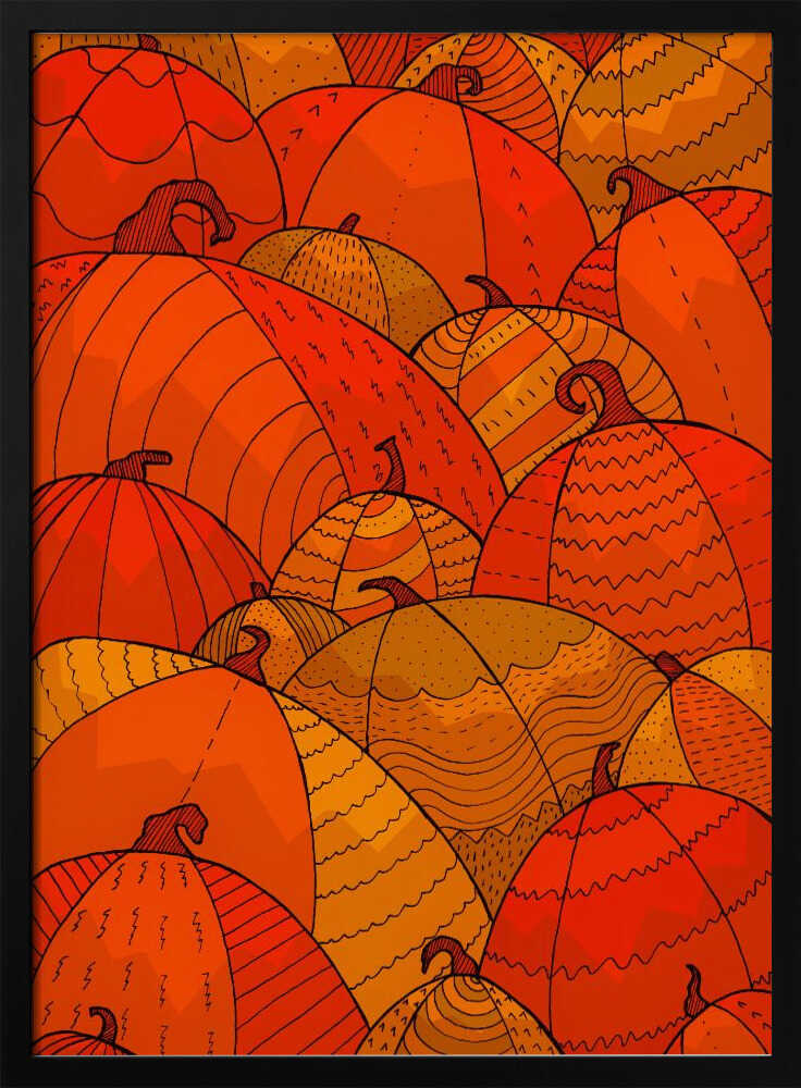 A stylized illustration of a dense patch of overlapping pumpkins. The pumpkins are various shades of orange, red, and yellow, and are decorated with intricate black line patterns, including zig-zags, stripes, and dots, creating a festive, autumnal pattern. Wall Art