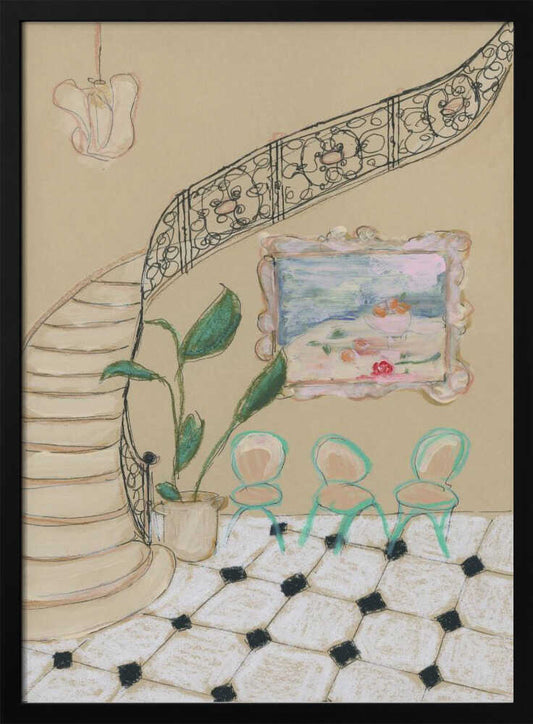 A framed illustration of an elegant interior scene. A curved staircase with an ornate black iron railing dominates the left side. Beside the stairs, a potted plant with large green leaves sits next to a wall with a small, framed painting. Below the painting are three small, mint-green chairs on a black and white checkered tile floor. Wall Art