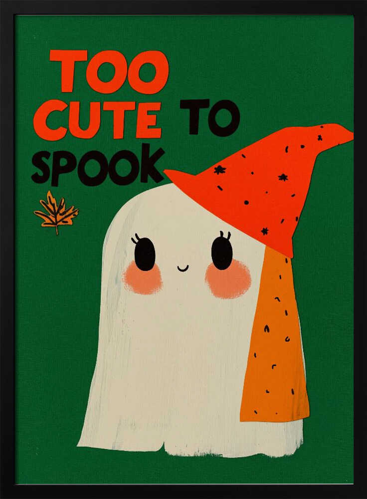 A whimsical illustration of a friendly white ghost with rosy cheeks and a smiling face, wearing a pointy orange hat with black flecks. The background is a solid dark green, and above the ghost, the text 'TOO CUTE TO SPOOK' is written in orange and black block letters, next to a small autumn leaf. Artwork