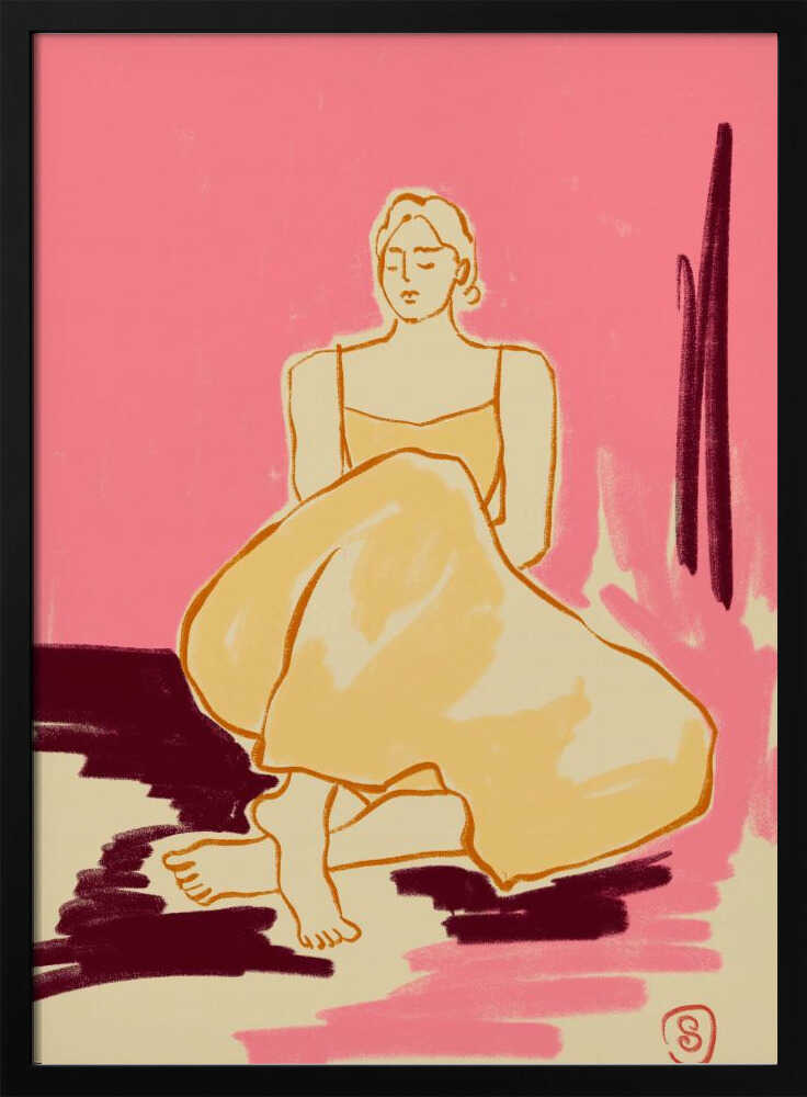 A minimalist illustration of a woman sitting on the floor with her eyes closed. She is wearing a yellow dress, and the background is a bright pink with patches of dark red and cream on the floor, rendered in a painterly style. Artwork