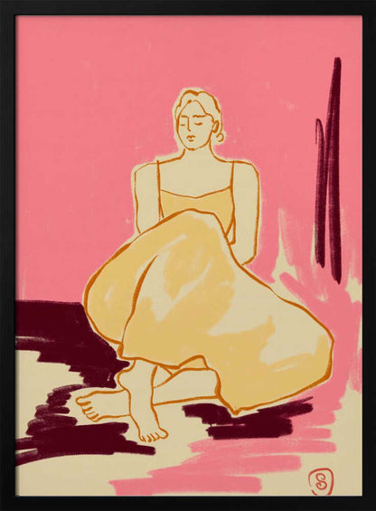A minimalist illustration of a woman sitting on the floor with her eyes closed. She is wearing a yellow dress, and the background is a bright pink with patches of dark red and cream on the floor, rendered in a painterly style. Artwork