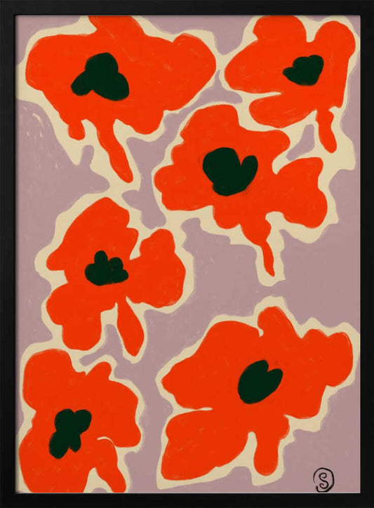 A framed art print depicting a pattern of large, stylized red-orange poppies with dark green centers against a pale lavender background. Each flower is outlined in a thick, cream-colored border, giving the piece a bold, modern, and graphic quality. Wall Art