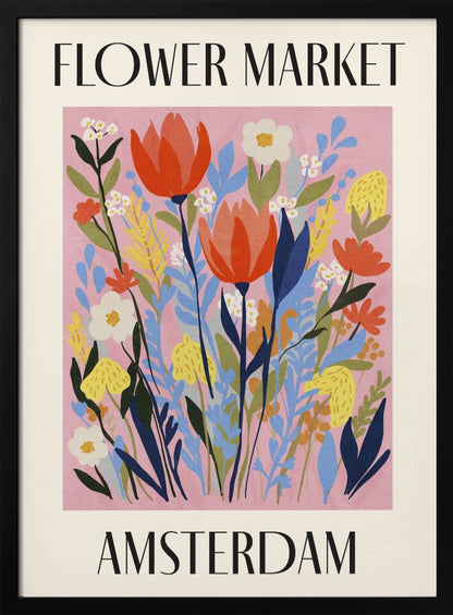 A vintage-style poster for the 'FLOWER MARKET AMSTERDAM'. The artwork features a vibrant illustration of various stylized flowers, including red tulips, white daisies, and yellow and blue foliage, set against a solid pink background. The text is in a black serif font, with 'FLOWER MARKET' at the top and 'AMSTERDAM' at the bottom, all enclosed by a cream-colored border and a simple black frame. Poster