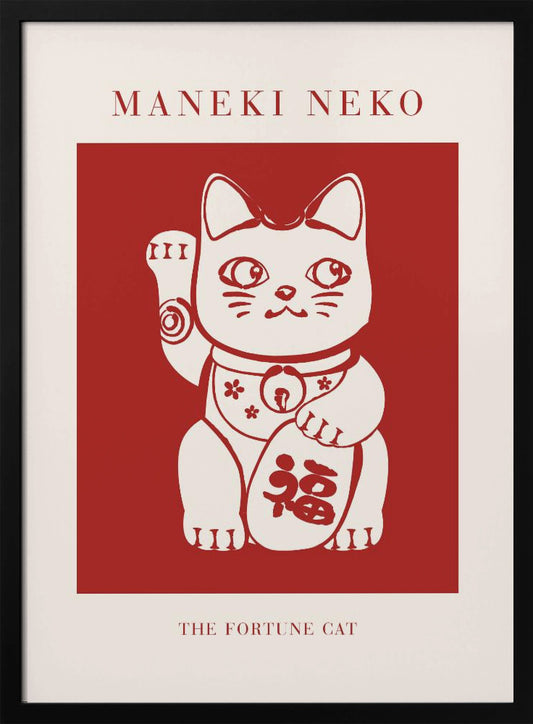 A minimalist graphic poster featuring a Japanese Maneki Neko, or fortune cat. The cat is cream-colored with red outlines, set inside a bold red square. The poster has a cream border with the text 'MANEKI NEKO' at the top and 'THE FORTUNE CAT' at the bottom, all enclosed in a thin black frame. Wall Art