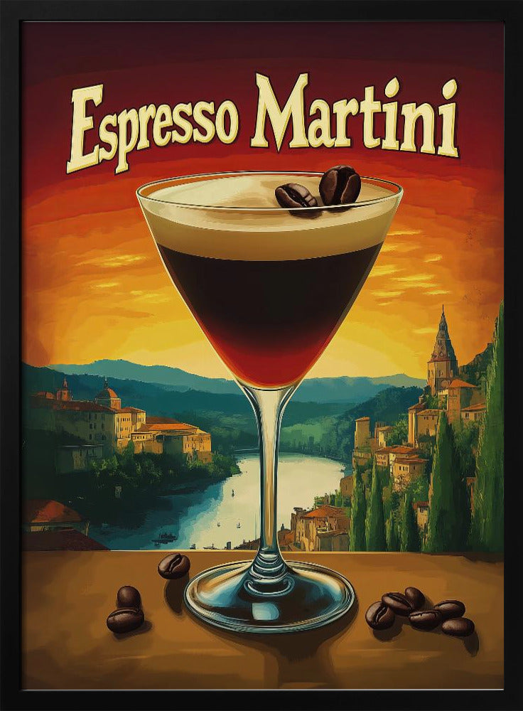 A vintage-style poster advertising an 'Espresso Martini'. In the foreground, a martini glass filled with the dark cocktail is garnished with coffee beans. The background features a scenic European landscape with a river and village against a vibrant orange and red sunset sky. Poster