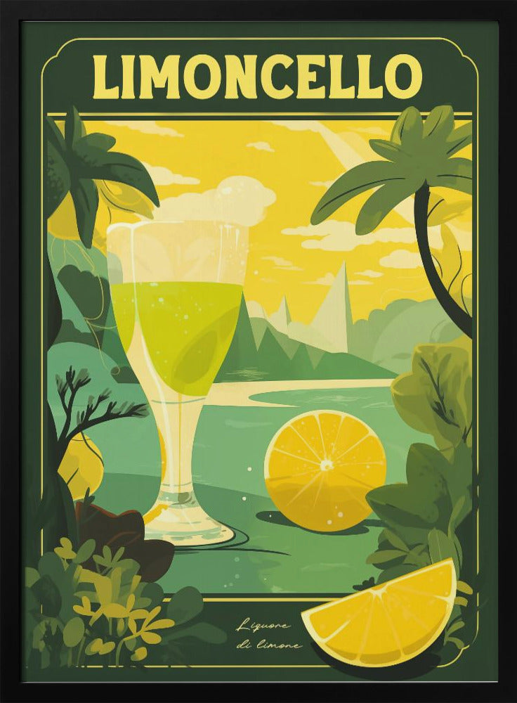 A vintage-style poster advertising Limoncello. The illustration features a tall glass of the yellow-green liqueur in the center, set against a tropical landscape with palm trees, mountains, and a yellow sky. In the foreground are fresh lemons and green foliage, with the text 'Liquore di limone' at the bottom. The entire piece has a dark green border. Poster