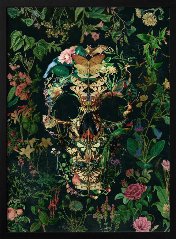 An intricate collage of various flowers, insects, birds, and other animals arranged to form the shape of a human skull. The background is a dark, lush tapestry of green leaves and colorful blossoms, creating a moody and detailed botanical illustration. Wall Art