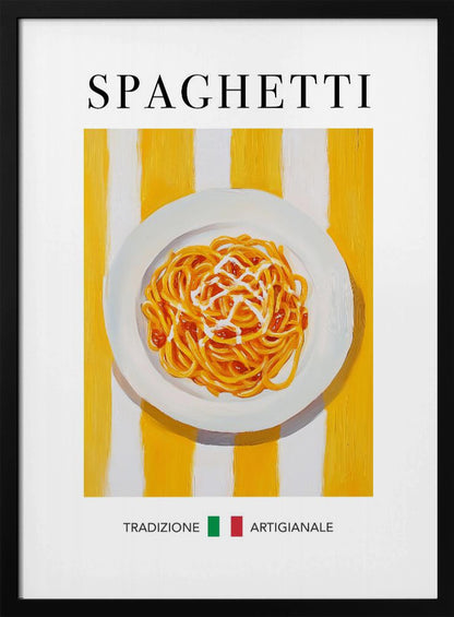 A vintage-style food poster in a black frame featuring a painting of a plate of spaghetti with sauce. The plate is set against a background of bold yellow and white vertical stripes. The word 'SPAGHETTI' is written in a black serif font at the top. At the bottom, the Italian words 'TRADIZIONE' and 'ARTIGIANALE' are separated by a small Italian flag. Artwork