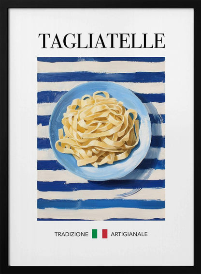 A vintage-style art print of a blue plate filled with tagliatelle pasta, set against a blue and white striped background. The word 'TAGLIATELLE' is printed at the top, and 'TRADIZIONE ARTIGIANALE' with an Italian flag is at the bottom. Artwork