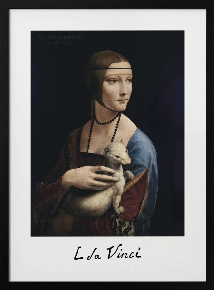 A framed art print of Leonardo da Vinci's painting, 'Lady with an Ermine'. The Renaissance portrait shows a woman holding a white ermine. The print has a white border with 'L da Vinci' signed at the bottom, mimicking a polaroid. Artwork