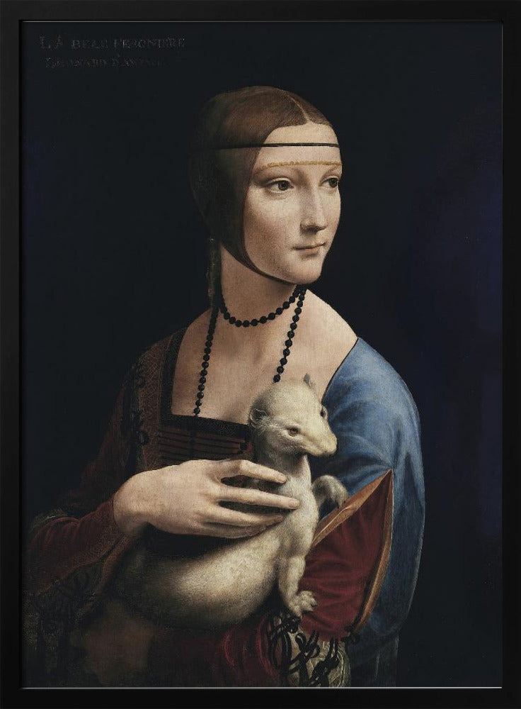 A classic portrait painting by Leonardo da Vinci, 'Lady with an Ermine,' in a thin black frame. The painting shows a woman in Renaissance attire with her hair pulled back, holding a white ermine against a dark, plain background. She is turned three-quarters and looks off to the side. Artwork