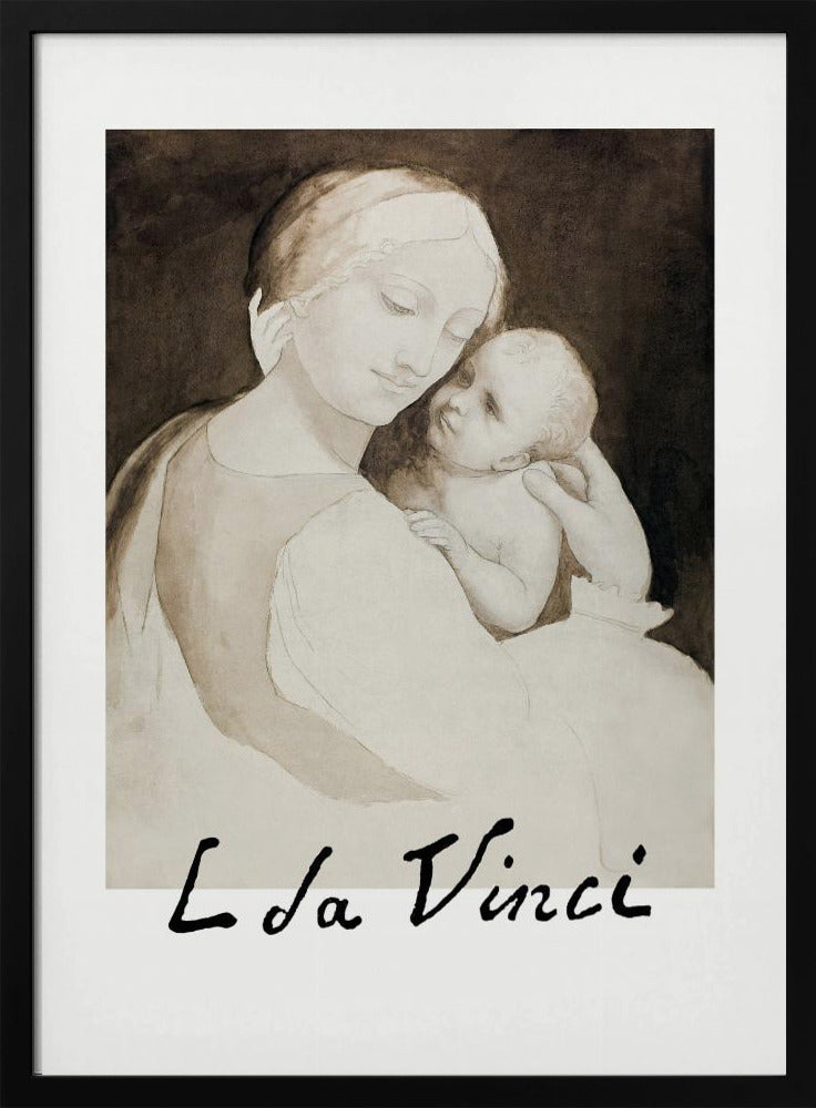 A framed poster of a Leonardo da Vinci drawing depicting the Madonna tenderly holding the infant Jesus. The piece is rendered in monochrome shades of brown and cream with the artist's signature 'L da Vinci' at the bottom. Decor