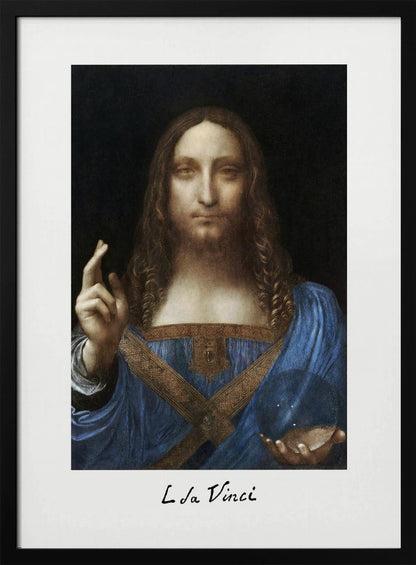 A framed print of Leonardo da Vinci's painting 'Salvator Mundi', depicting Jesus Christ in a blue robe against a black background. He holds a crystal orb in one hand and gives a blessing with the other. The artist's name is written below the image. Artwork
