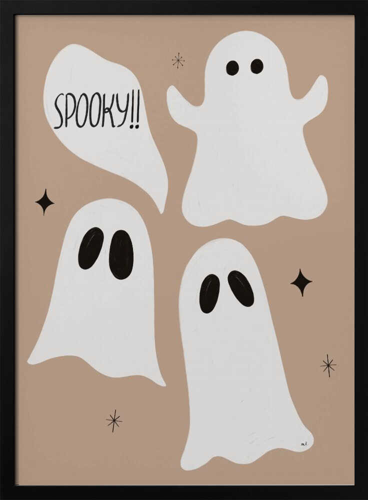 A playful illustration for Halloween featuring three cute, cartoonish white ghosts with black eyes against a solid light brown background. One ghost is accompanied by a speech bubble that reads 'SPOOKY!!' in a hand-drawn font. Small black stars and asterisks are scattered around the ghosts. The artwork is enclosed in a thin black frame. Decor