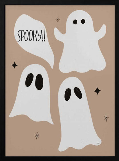 A playful illustration for Halloween featuring three cute, cartoonish white ghosts with black eyes against a solid light brown background. One ghost is accompanied by a speech bubble that reads 'SPOOKY!!' in a hand-drawn font. Small black stars and asterisks are scattered around the ghosts. The artwork is enclosed in a thin black frame. Decor