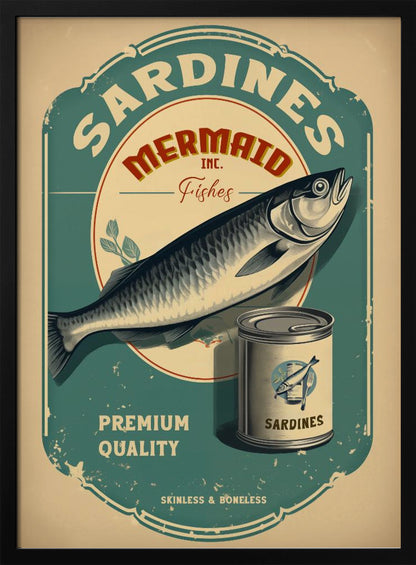 A vintage-style advertisement poster for Mermaid Inc. sardines, featuring a large illustrated sardine on a teal and beige label. The poster includes a can of sardines and text that reads 'Premium Quality' and 'Skinless & Boneless' in a distressed, retro design. Wall Art