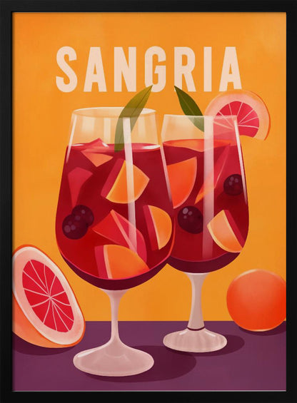 A vintage-style illustrated poster featuring two glasses of red sangria against a vibrant orange background. The glasses are filled with fruit slices, berries, and ice, and the word 'SANGRIA' is printed in large white letters at the top. Poster