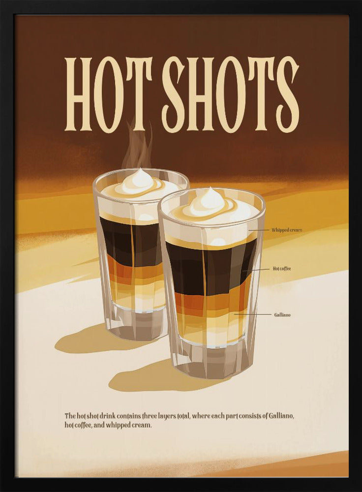 A vintage-style poster for a drink called 'Hot Shots'. The poster illustrates two layered drinks in shot glasses with labels for each layer: Galliano, hot coffee, and whipped cream. The design has a retro aesthetic with a warm brown and cream color palette. Wall Art