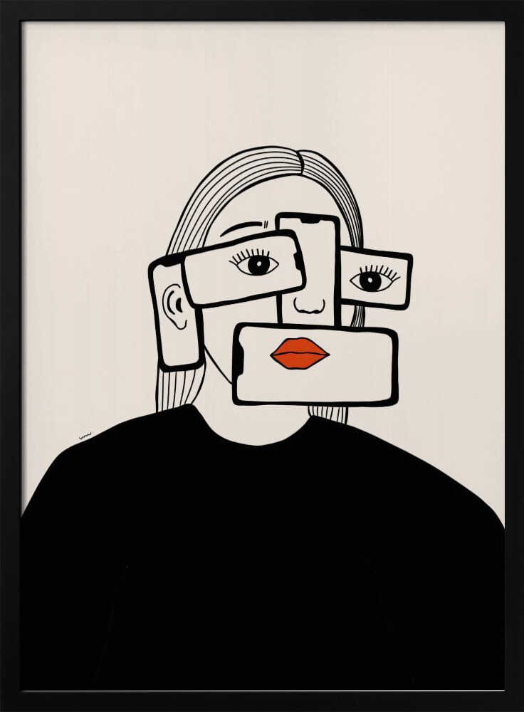 A minimalist line art illustration of a woman in a black shirt against an off-white background. Her face is obscured by several overlapping smartphones, which display her eyes and bright red lips on their screens, creating a surreal and conceptual portrait about technology and identity. Artwork