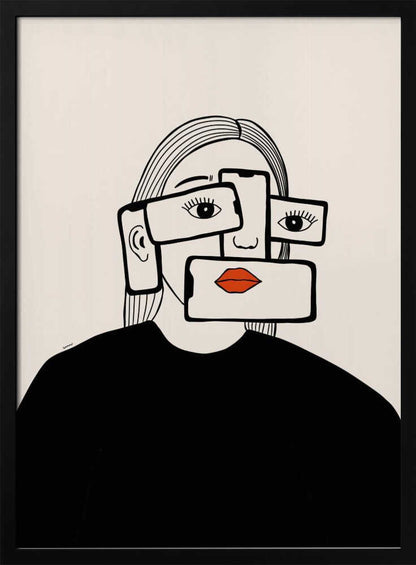 A minimalist line art illustration of a woman in a black shirt against an off-white background. Her face is obscured by several overlapping smartphones, which display her eyes and bright red lips on their screens, creating a surreal and conceptual portrait about technology and identity. Artwork