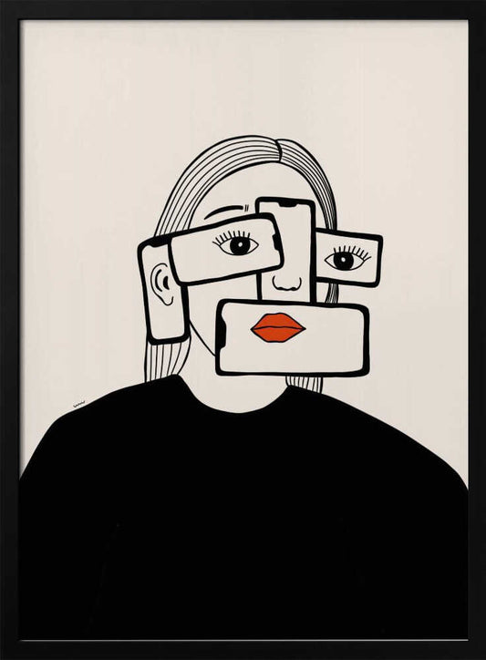 A minimalist line art illustration of a woman in a black shirt against an off-white background. Her face is obscured by several overlapping smartphones, which display her eyes and bright red lips on their screens, creating a surreal and conceptual portrait about technology and identity. Artwork