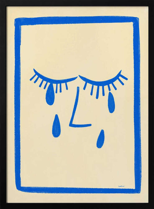 A minimalist framed illustration of a crying face. Bold blue lines on a cream background depict two closed eyes with long lashes, an L-shaped nose, and three large teardrops. The artwork is contained within a thick, hand-drawn blue border. Wall Art