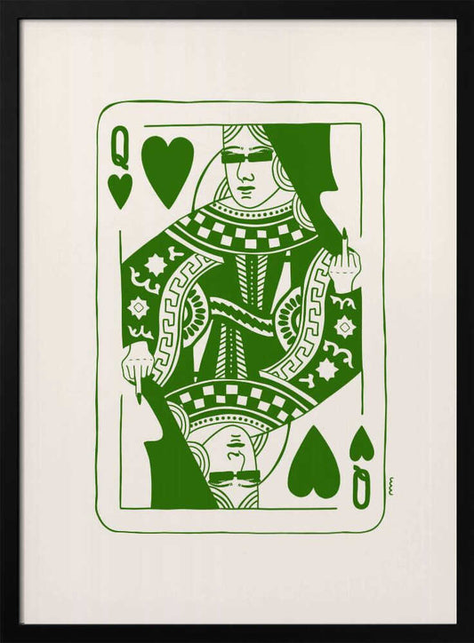 A framed art print of a stylized Queen of Hearts playing card. The design is rendered in bold green lines on an off-white background. The queen has her eyes covered and is defiantly giving the middle finger. Print