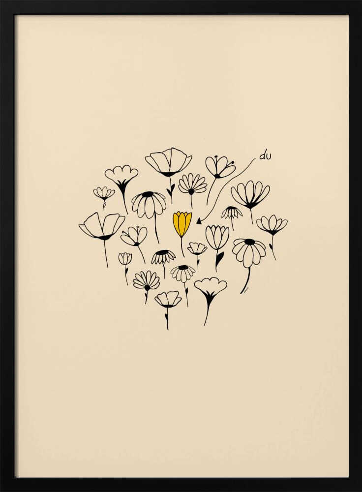 A minimalist art print with a cream-colored background and a thin black frame. In the center is a circular cluster of hand-drawn wildflowers in black ink, with one single flower colored a vibrant yellow, creating a pop of color. The style is simple and whimsical. Print
