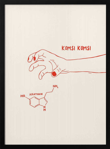 A minimalist art print in a black frame featuring red line art on a cream background. A human hand with painted nails reaches down towards the chemical structure of serotonin, with the phrase 'KOMSI KOMSI' written in red above the hand. Decor