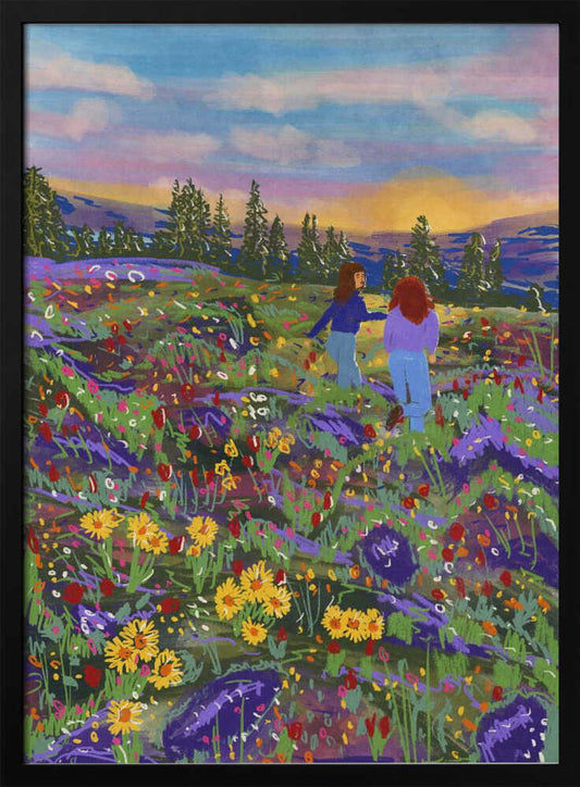 An impressionistic painting of two women in a vast meadow filled with vibrant wildflowers. The field is a tapestry of purple, yellow, red, and green, leading to a line of pine trees and distant hills under a colorful sunset sky. Artwork
