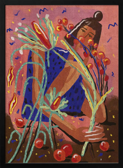 A colorful, painterly illustration of a woman in a blue dotted dress, holding a large bouquet of stylized plants with red berries and flowers against a textured pink background. Red fruits are scattered on the brown ground at her feet. Print