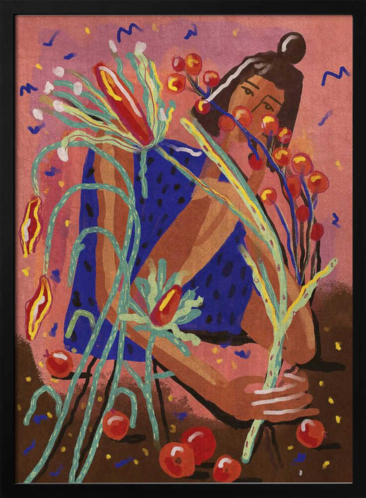 A colorful, painterly illustration of a woman in a blue dotted dress, holding a large bouquet of stylized plants with red berries and flowers against a textured pink background. Red fruits are scattered on the brown ground at her feet. Print