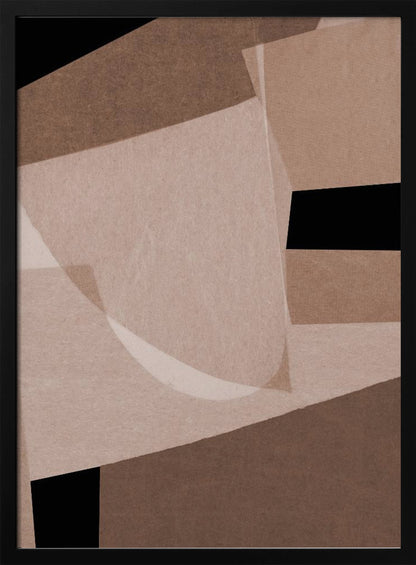 An abstract artwork in a black frame featuring a collage of overlapping geometric and curved shapes. The color palette consists of various shades of brown, from dark chocolate to light beige, contrasted with solid black areas. The shapes have a textured, paper-like quality and some appear translucent, creating layers and depth. Decor