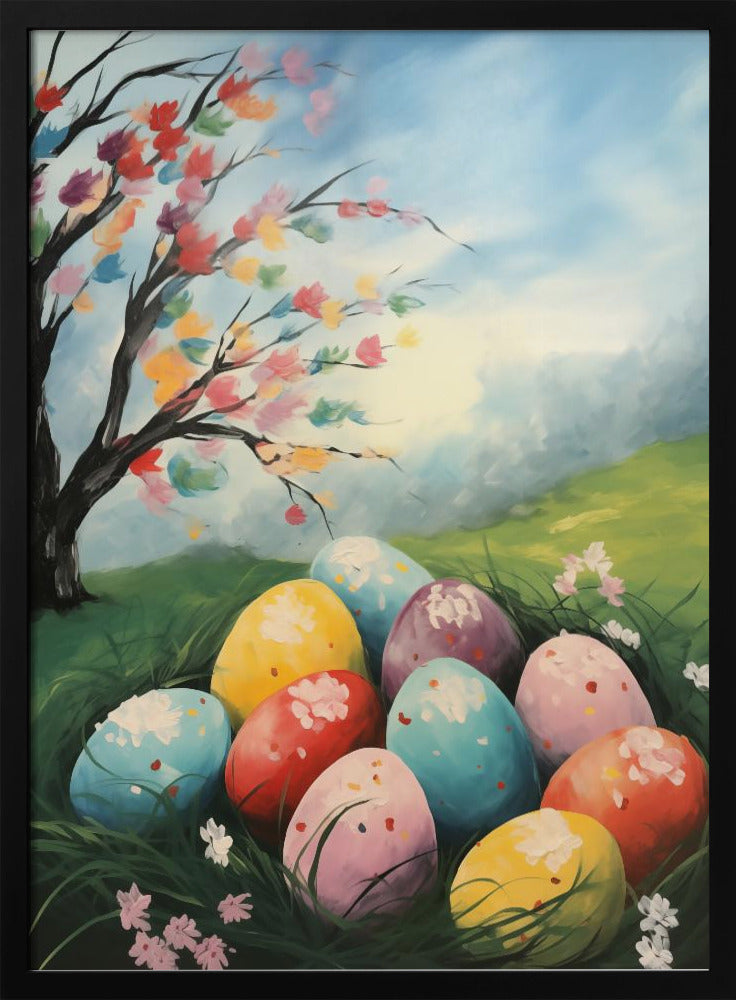 A vibrant painting depicting a cluster of colorful Easter eggs nestled in lush green grass. Above them on a small hill, a tree blossoms with a rainbow of colors against a bright, partly cloudy blue sky, capturing a whimsical spring scene. Artwork