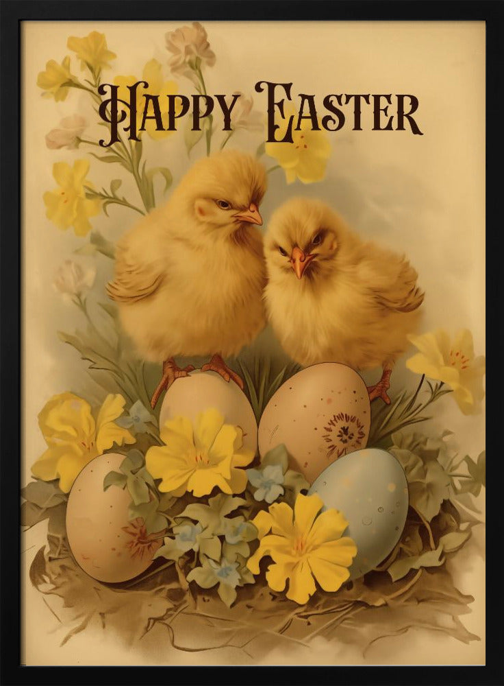 A vintage-style Easter illustration featuring two fluffy yellow chicks perched on decorated Easter eggs. The scene is adorned with yellow and blue flowers, and the words 'Happy Easter' are written in an elegant, dark font at the top against a cream background. Print
