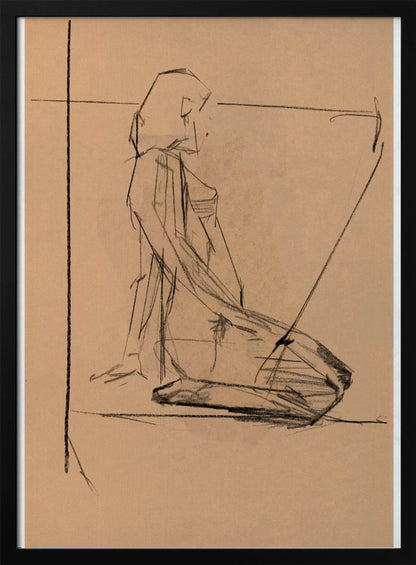 A framed charcoal sketch on tan paper of a person kneeling in profile. The style is gestural and angular, with expressive black lines defining the form against the warm-toned paper. Construction lines are visible in the background. Poster