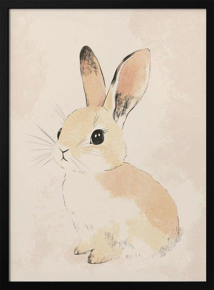 A watercolor-style illustration of a small, cute rabbit with tan and white fur, large black eyes, and long ears. The bunny is sitting and looking towards the left against a soft, textured beige background, all enclosed within a thin black frame. Poster