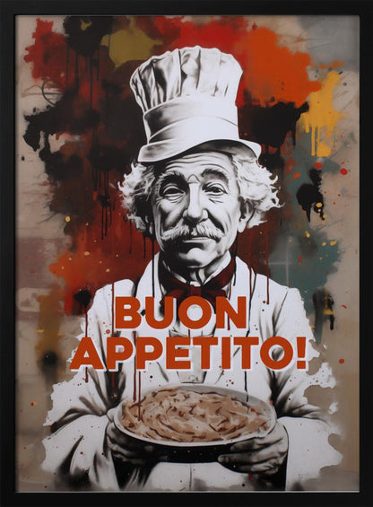 A stylized portrait of a smiling elderly chef with a white mustache and hair, wearing a chef's hat and holding a plate of pasta. The background features abstract red, black, and yellow paint splatters in a street art style. The phrase 'BUON APPETITO!' is written in large orange letters across the front. Decor