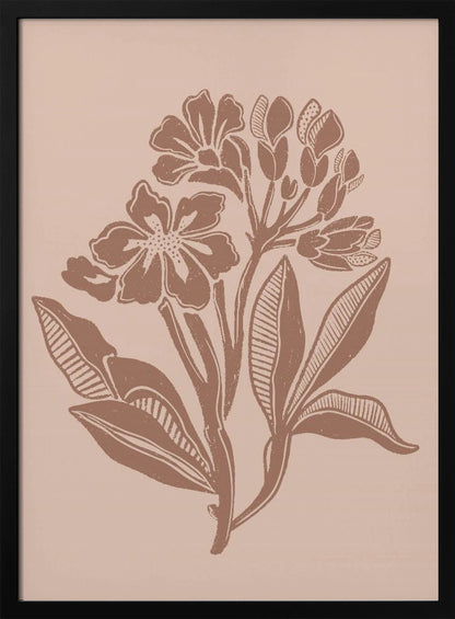 A minimalist botanical block print featuring a cluster of stylized flowers and leaves in a terracotta brown hue against a dusty pink background, all enclosed within a thin black frame. Artwork
