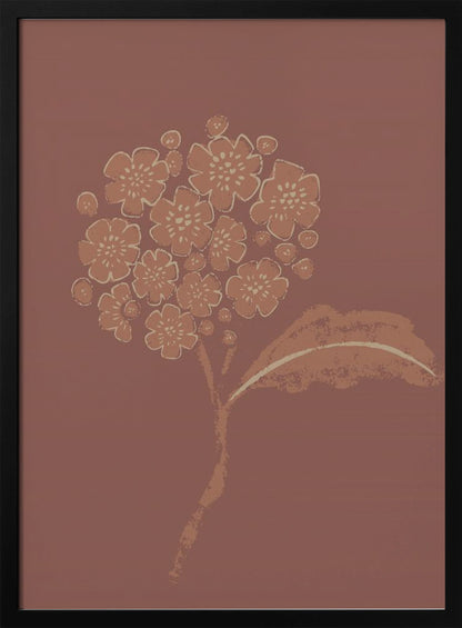 A stylized illustration of a single flower stalk with a round cluster of blossoms, similar to a hydrangea. The artwork is created in a limited palette of terracotta and cream against a solid dusty rose background, giving it a minimalist, block-print feel. The image is presented within a simple black frame. Decor