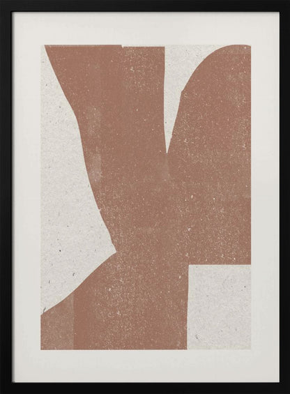 A minimalist abstract art print featuring a large, textured, terracotta brown shape against a speckled off-white background, framed in a simple black frame. Print