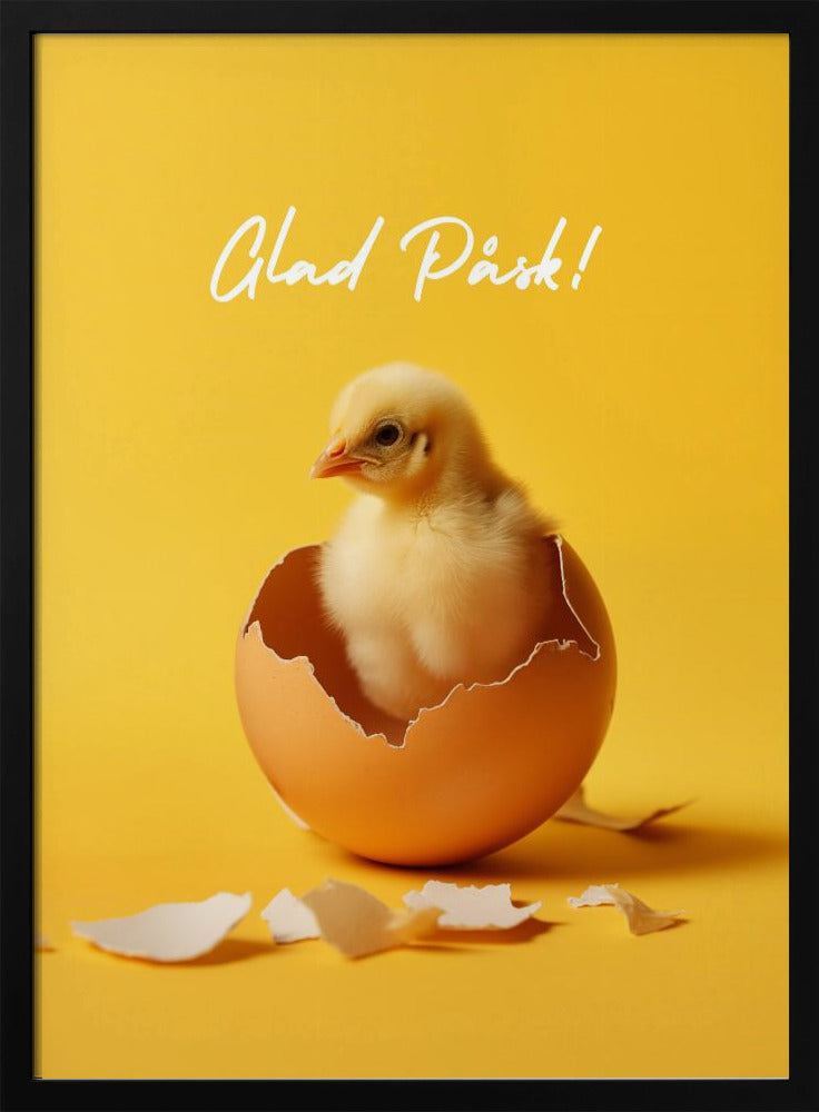 A poster with a bright yellow background featuring a cute, fluffy yellow chick that has just hatched from a brown egg. Above the chick, the text 'Glad Påsk!' is written in a white cursive script. The poster is shown within a black frame. Poster