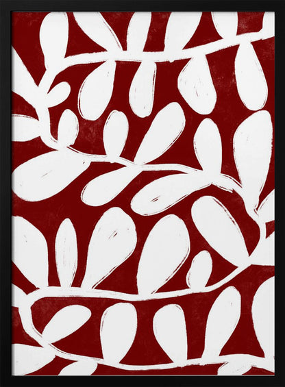 A framed abstract botanical artwork featuring a bold pattern of white, painterly vines and leaves set against a deep, textured crimson red background. Print