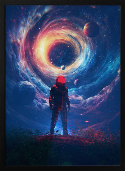 A lone astronaut in a dark suit with a bright red helmet stands on a rocky surface, gazing up at a colossal, swirling cosmic vortex of blue, red, and yellow light surrounded by stars and planets. Wall Art