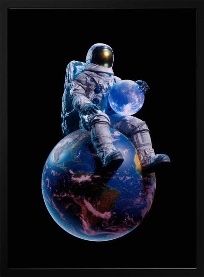 An astronaut in a full white spacesuit sits perched atop planet Earth, holding the glowing blue moon in their hands against a stark black background. Print
