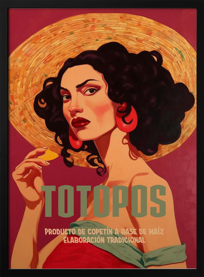 A vintage-style advertisement poster for 'Totopos'. The illustration features a glamorous woman with dark curly hair, red lipstick, and large red earrings, wearing a wide-brimmed straw hat. She holds a single tortilla chip and looks directly at the viewer against a rich red background. The text 'TOTOPOS' is prominent in the center. Artwork