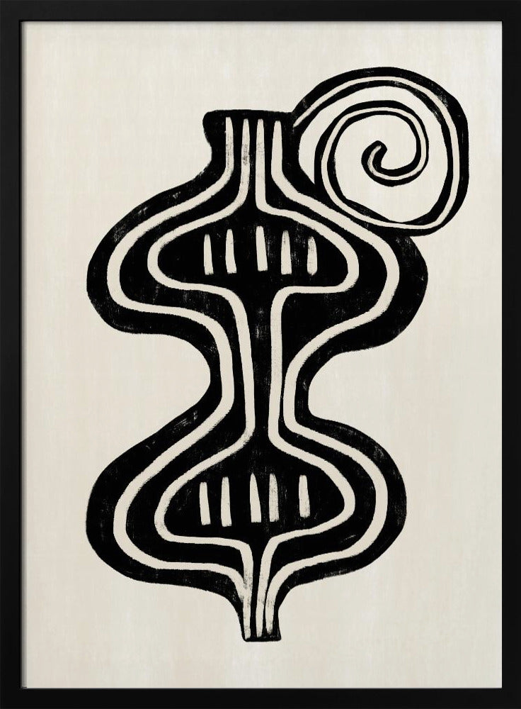 A minimalist abstract artwork in a black frame, featuring a bold, black, symmetrical figure with curvaceous lines against an off-white background. The figure, reminiscent of a vase or an hourglass, has white line details and is paired with a large black spiral at the top. Print